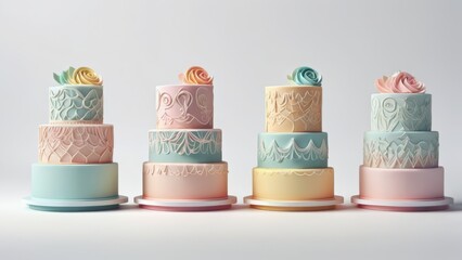 Set of wedding cakes in flat design. Elegant and minimalistic cakes for weddings, featuring simple details, modern style, and clean lines, perfect for bridal themes