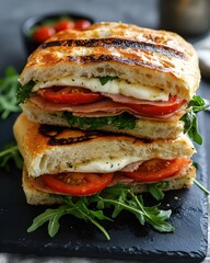 Delicious italian sandwich with mozzarella tomato ham and arugula on dark slate board