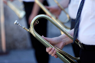 Fototapeta premium Celebration of July 14, the French national day. The Renaissance : Marching band. Saint Gervais. France.
