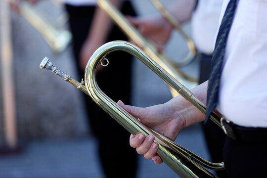 Celebration of July 14, the French national day. The Renaissance : Marching band. Saint Gervais. France.