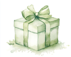 A watercolor painting of a pastel green gift box with a bow, isolated on a white background. The soft colors create a dreamy design, reminiscent of children's book illustrations.