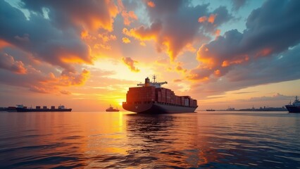 Fototapeta premium Majestic container ship floats on a tranquil sea under a vibrant sunset sky, reflecting warm oranges and yellows, crafting an atmosphere of serenity and beauty