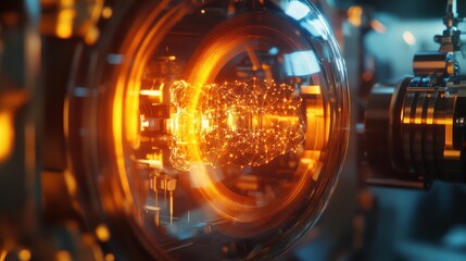 Obraz premium Quantum Machine Glowing with Swirling Holographic Q