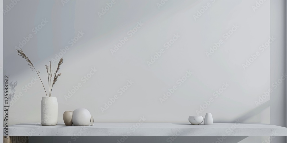 Poster a minimalistic setup featuring a light gray backdrop, clean and symmetrical design, contemporary min