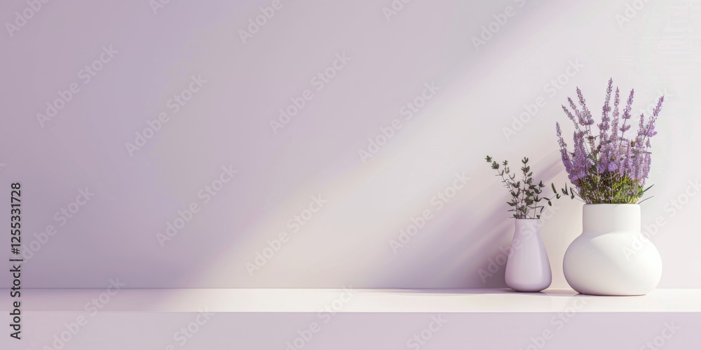 Poster a minimalistic setup featuring a light lavender backdrop, smooth textures and clean shapes, contempo