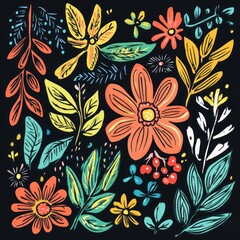 Colorful floral pattern, dark background, nature design, for textile print