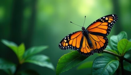 Fototapeta premium A monarch butterfly's wings blend with the misty rainforest foliage , colors, forest