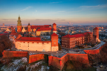 The Royal Wawel Castle in Krakow at winter sunset, Poland
