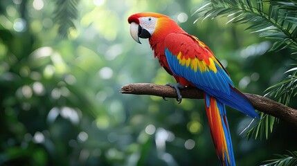 Obraz premium Scarlet Macaw Perched on a Branch in Lush Green Foliage