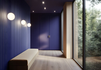 Dark blue wall with paneling, wooden floor, and a long bench. Minimalist interior design of a modern living room. 