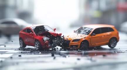 Car collision on a city street with debris scattered around