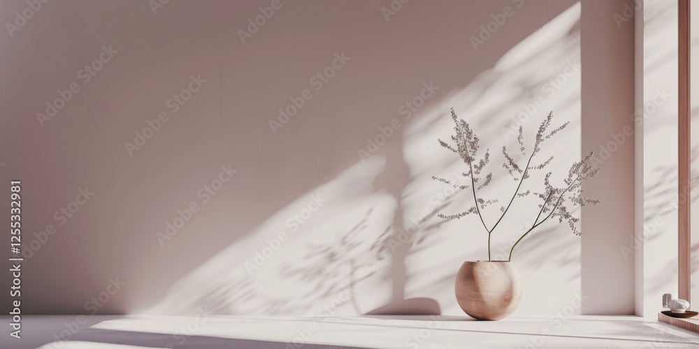 Poster A minimalistic setup featuring a light mauve backdrop, Smooth textures and clean shapes, Contemporary minimalist style