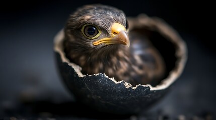 Emerging Raptor in Eggshell Gaze of a Young Bird of Prey Awaiting Flight from Its Broken Cocoon World
