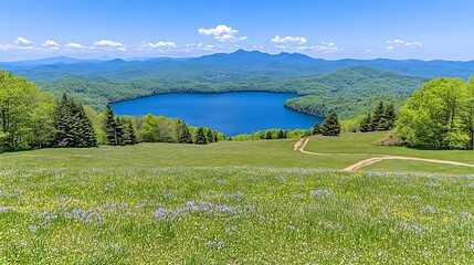 Scenic Mountain Lake View with Rolling Green Hillside and Forest Landscape at Blue Ridge Parkway