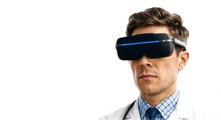Fototapeta premium Male doctor wearing augmented reality goggles, abstract of future medicine, on white background