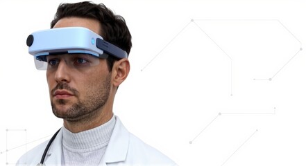 Close-up portrait of a doctor in augmented reality glasses: The Future of Medicine, on a white background