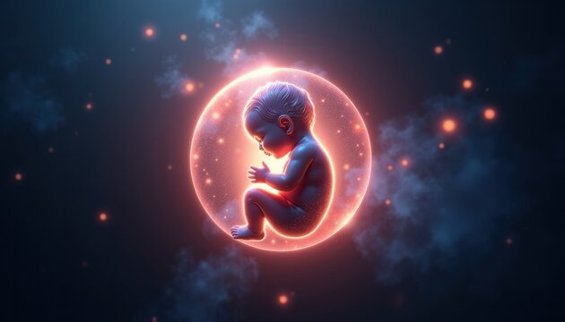 A highly detailed digital depiction of a glowing fetus inside a futuristic artificial womb. Concept of biotechnology, genetic engineering, and the future of human life. 