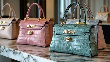 Elegant Handbags Collection: a range of finely crafted luxury handbags, their textures, colors and designs on display to convey an impression of luxury and sophistication