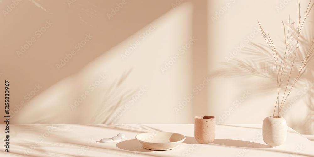 Poster A minimalistic setup featuring a light peach cream backdrop, Smooth textures and subtle shapes, Contemporary minimalist style