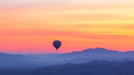 Hot Air Balloon Ascending Above Mountains at Dawn Serene Atmospheric Landscape Scenery View