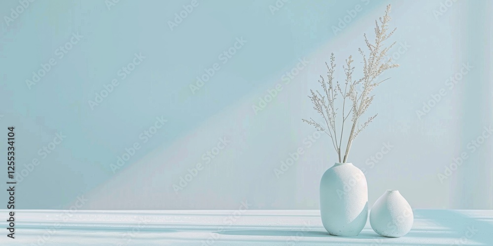 Poster a minimalistic setup featuring a light sky blue backdrop, smooth textures and clean shapes, contempo