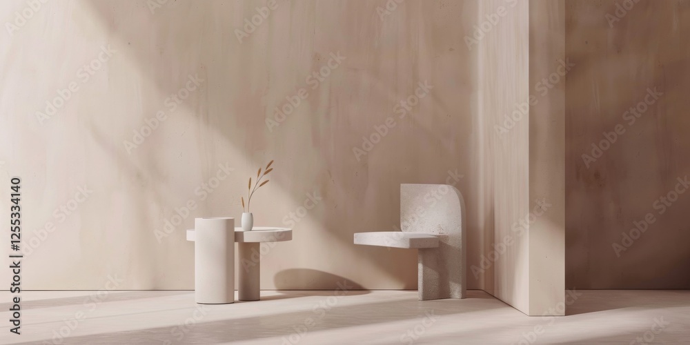 Poster A minimalistic setup featuring a light peach cream backdrop, Smooth textures and subtle shapes, Contemporary minimalist style