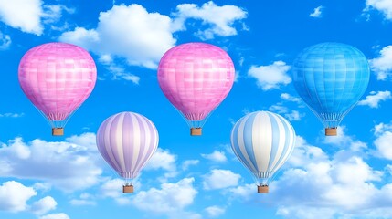Fototapeta premium Five Balloons Floating in a Blue Sky with White Clouds Background Celebration Fun Colorful 3D Render
