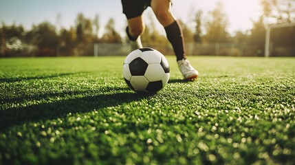 Soccer Player Kicking the Ball on a Grassy Field in a Sunny Day  Active Player Participating in a Sport Competition or Training Session on an Outdoor Soccer Pitch