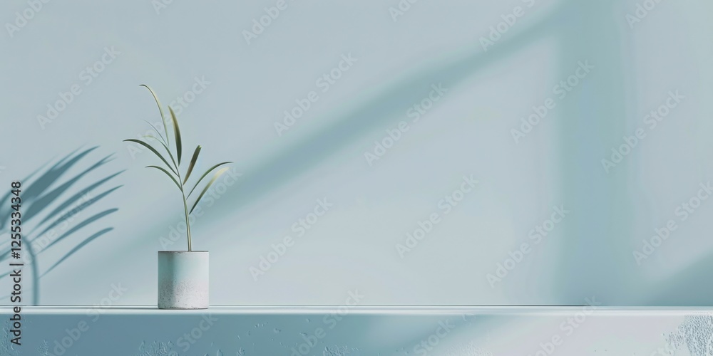Poster a minimalistic setup featuring a light sky blue backdrop, smooth textures and clean shapes, contempo