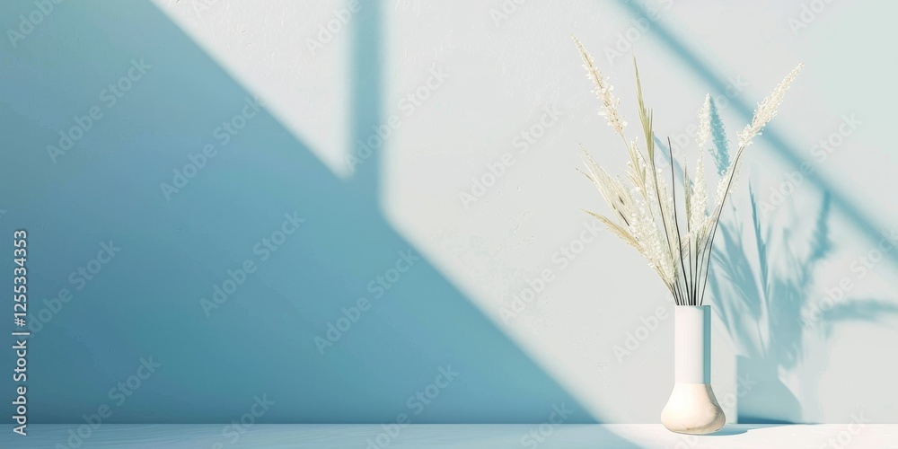Poster a minimalistic setup featuring a light sky blue backdrop, smooth textures and clean shapes, contempo
