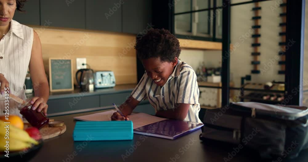 Poster woman, child and writing in kitchen for learning, education and homework assignment at lunch. mother