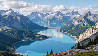 Fototapeta premium Aerial view of a turquoise alpine lake surrounded by mountains.