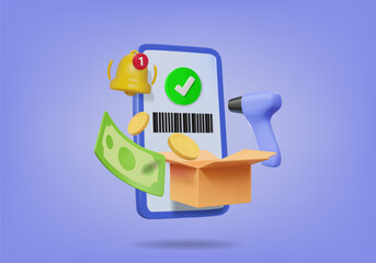 Vector 3D rendering. Payment concept and barcode scanning on smartphone. With notification icons, parcel boxes, cash, and scanners. Suitable for e-commerce and logistics online shopping delivery
