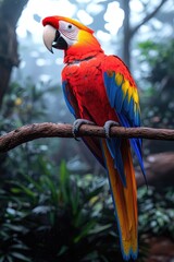 Obraz premium Scarlet Macaw Perched on a Branch in Lush Green Foliage