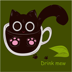 a black cat with big eyes and pink paws sits in a cup of coffee cat liquid to drink green background, paw prints, coffee drink