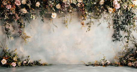 A wall adorned with hanging flowers and vines in neutral tones, offering a whimsical and charming backdrop. Ideal for studio settings, this design adds a touch of elegance and nature to any space.
