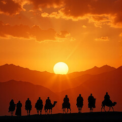 Fototapeta premium Camel caravan silhouetted against a glowing desert sunset.