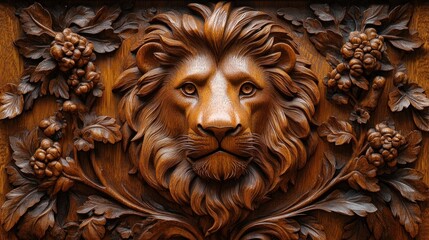 Intricate Wood Lion Carving, Floral Detail, Home Decor