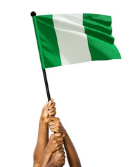 Many different group black African hands holding lifting raising Nigerian national flag isolated...