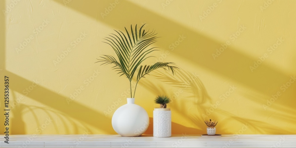 Poster A minimalistic setup with a soft lemon yellow background, Smooth gradients and clean lines, Contemporary minimalist style