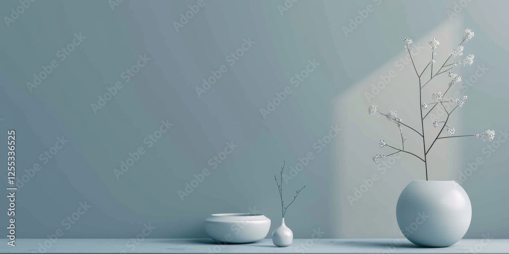 Poster A minimalistic setup with a soft slate blue background, Smooth gradients and clean lines, Contemporary minimalist style