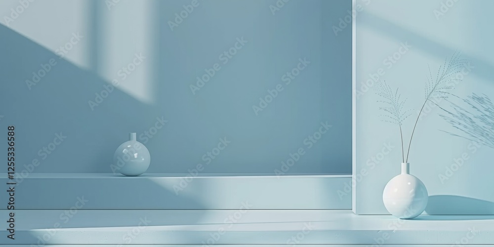 Poster a minimalistic setup with a soft slate blue background, smooth gradients and clean lines, contempora
