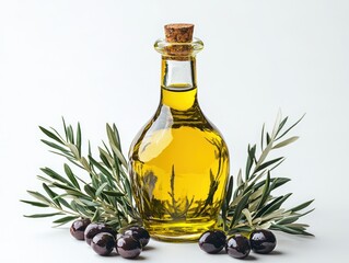 Olive oil bottle surrounded by fresh olives and olive branches on a white background