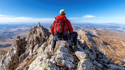 Fototapeta premium Hiker mountaintop panoramic view autumn landscape travel