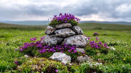 Obraz premium Small stone cairn decorated with purple heather flowers stands in a green grassy field under a cloudy sky.