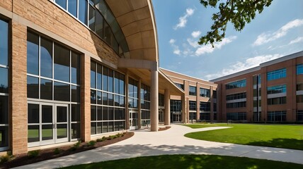 An exterior view of a public school building yard. College or university architecture, an outdoor view of a campus, high school construction, college or university landscape design.