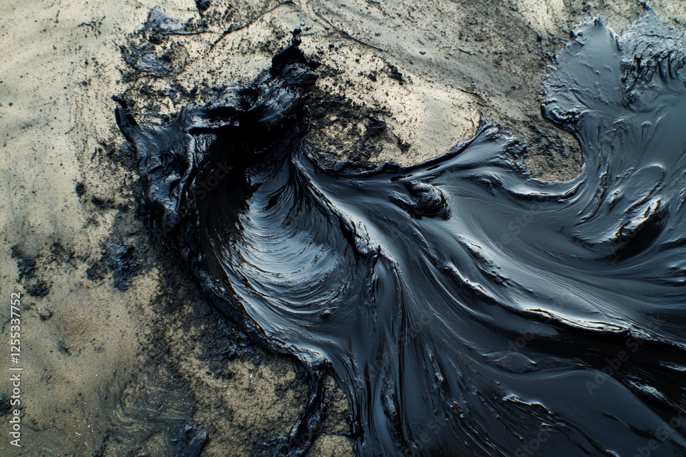 Poster Close-up of black oil flowing across sand, creating intricate textures and patterns, representing environmental pollution, and the fusion of nature with industrial waste.