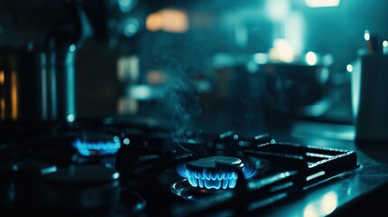 gas stove with blue flames on the kitchen counter in dark background