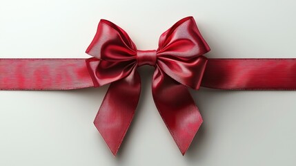 Fototapeta premium Elegant red satin bow tied on a ribbon, showcasing a smooth texture against a light background, ideal for gift wrapping