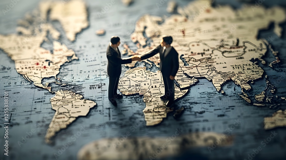 Poster two businessmen in suits shaking hands while standing over a detailed world map symbolizing a succes